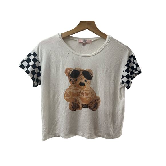 NO BRAND Cute Teddy Bear Crop Top w Checkered Sleeves Relax SIZE XL GIRLS US 4 6 - Picture 1 of 5